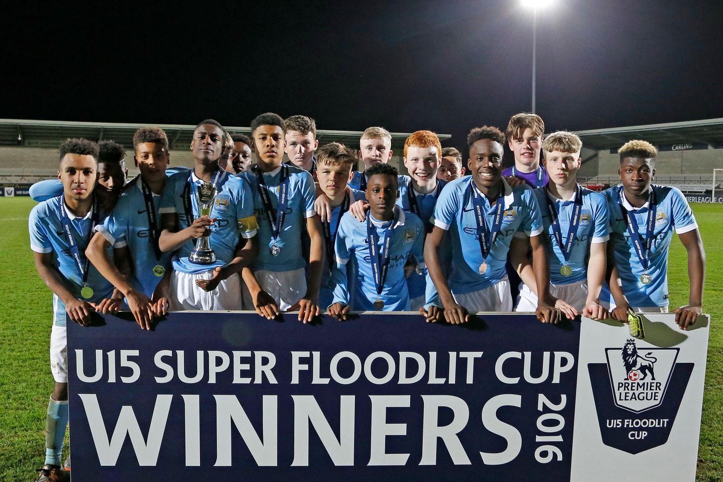 Manchester City celebrate their Under-15 Super Floodlit Cup final triumph