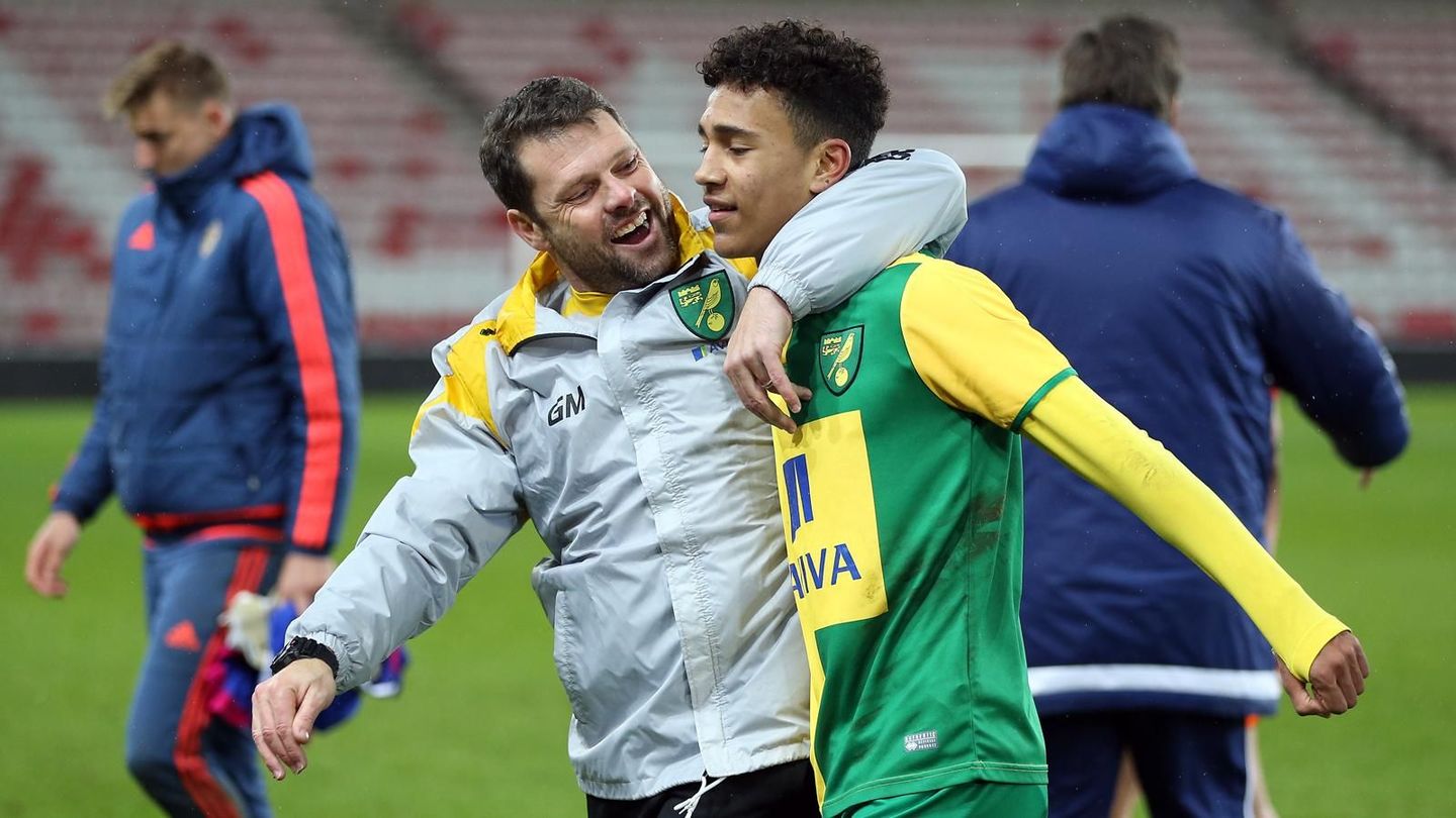 Norwich U18s coach Graeme Murty and defender Toby Syme
