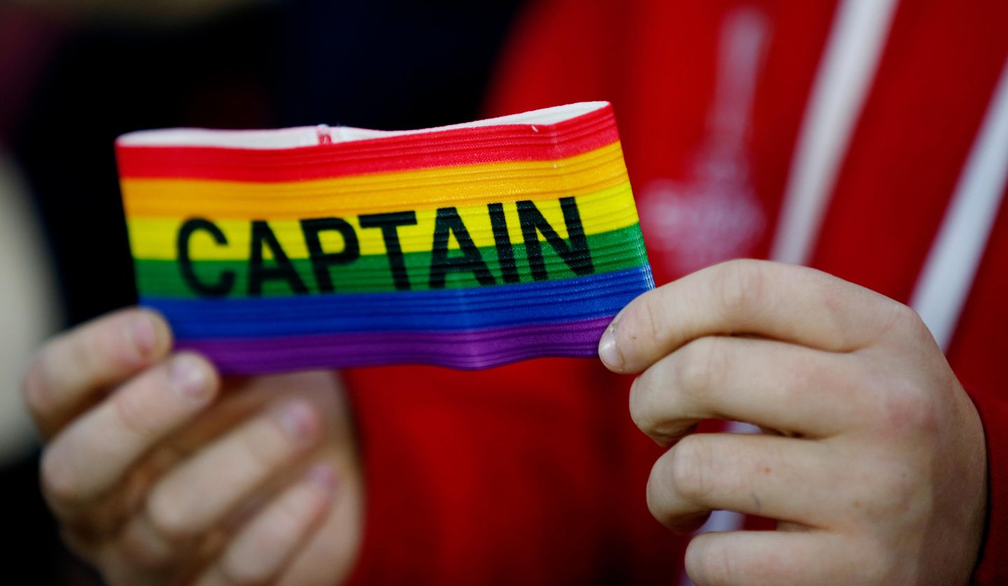 A rainbow captain's armband in support of Stonewall's Rainbow Laces campaign