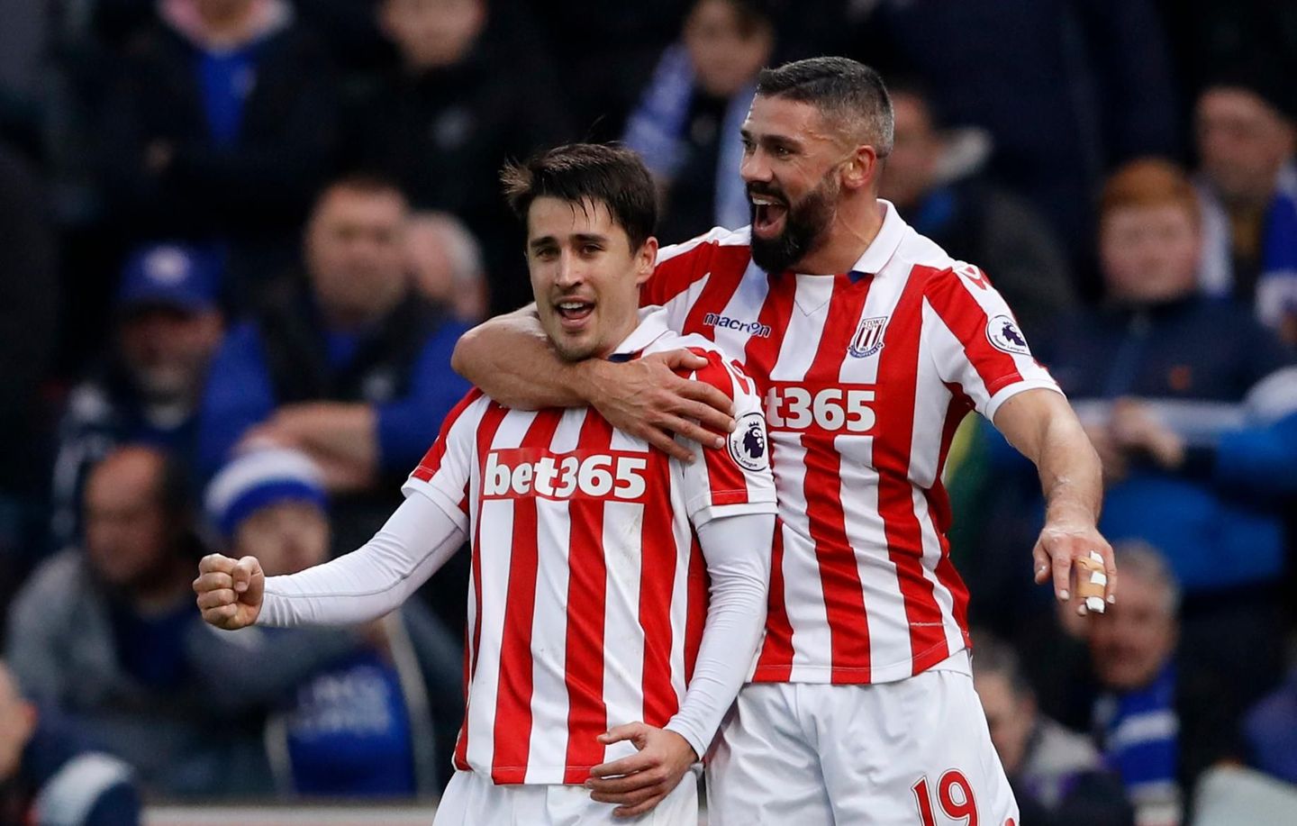 Stoke City's Bojan Krkic celebrates scoring their first goal with Jonathan Walters