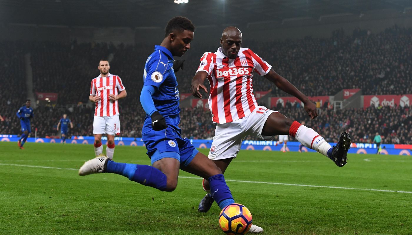 Leicester City's Demarai Gray and Stoke City's Bruno Martins Indi