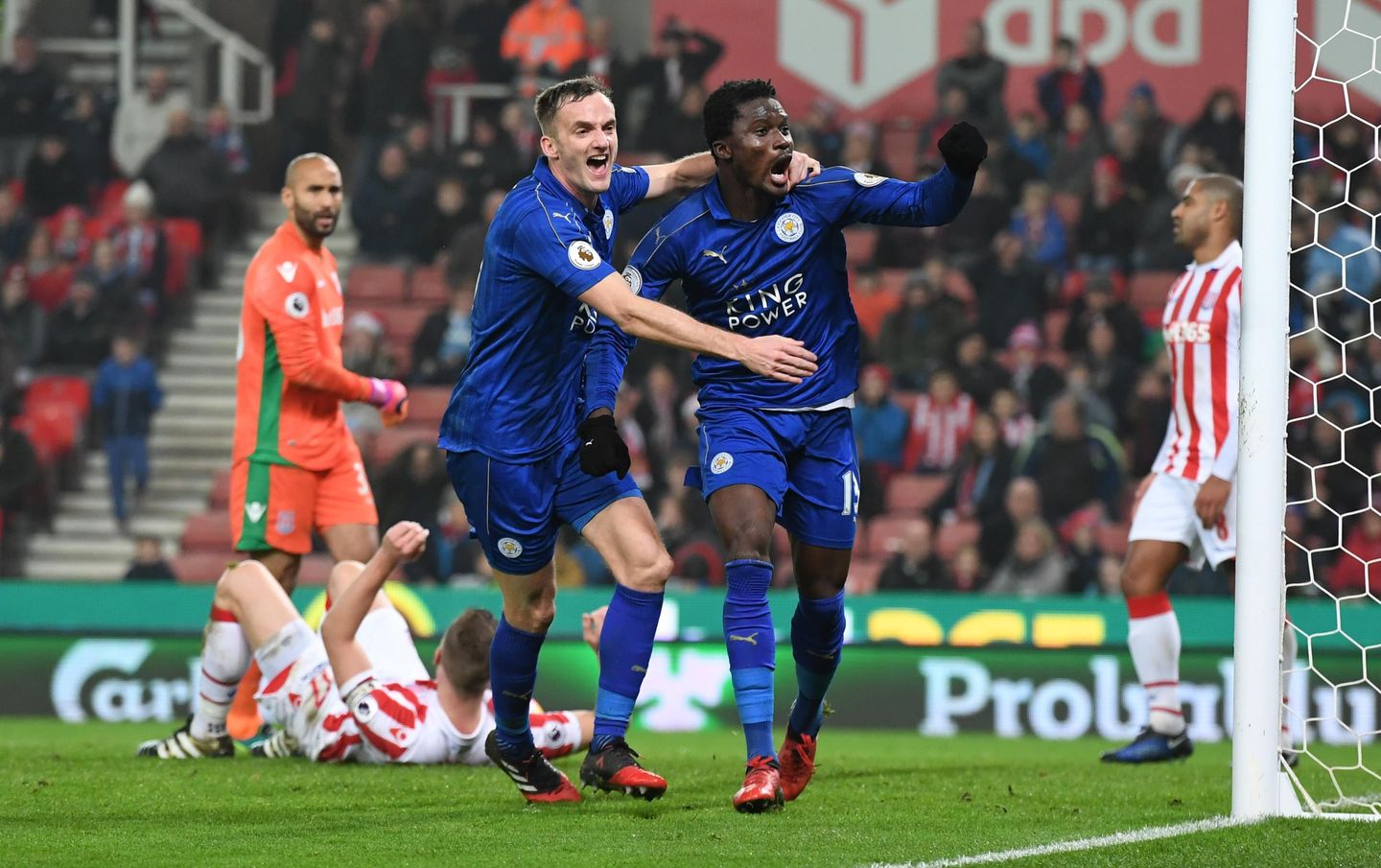 Leicester City's Daniel Amartey celebrates scoring their second goal with Andy King