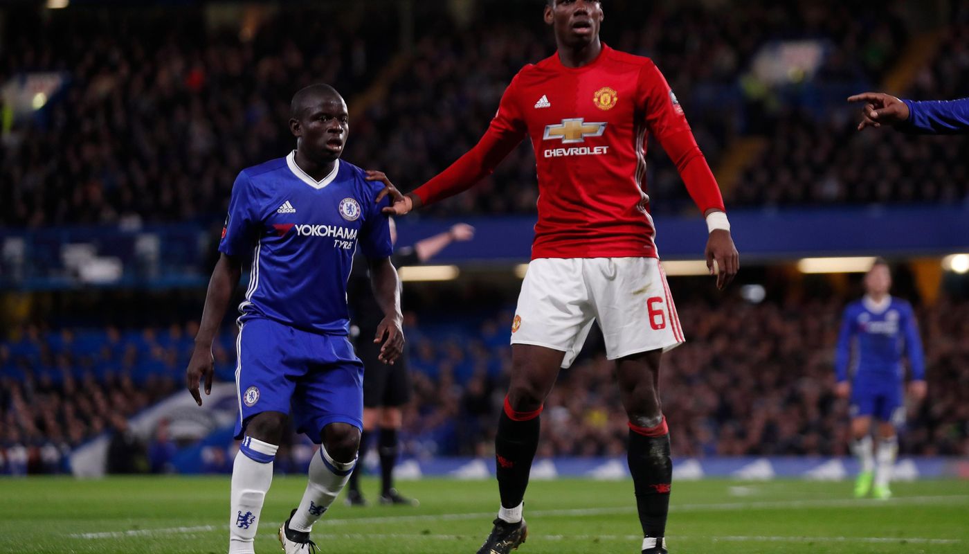 N'Golo Kante, of Chelsea, and Man Utd's Paul Pogba