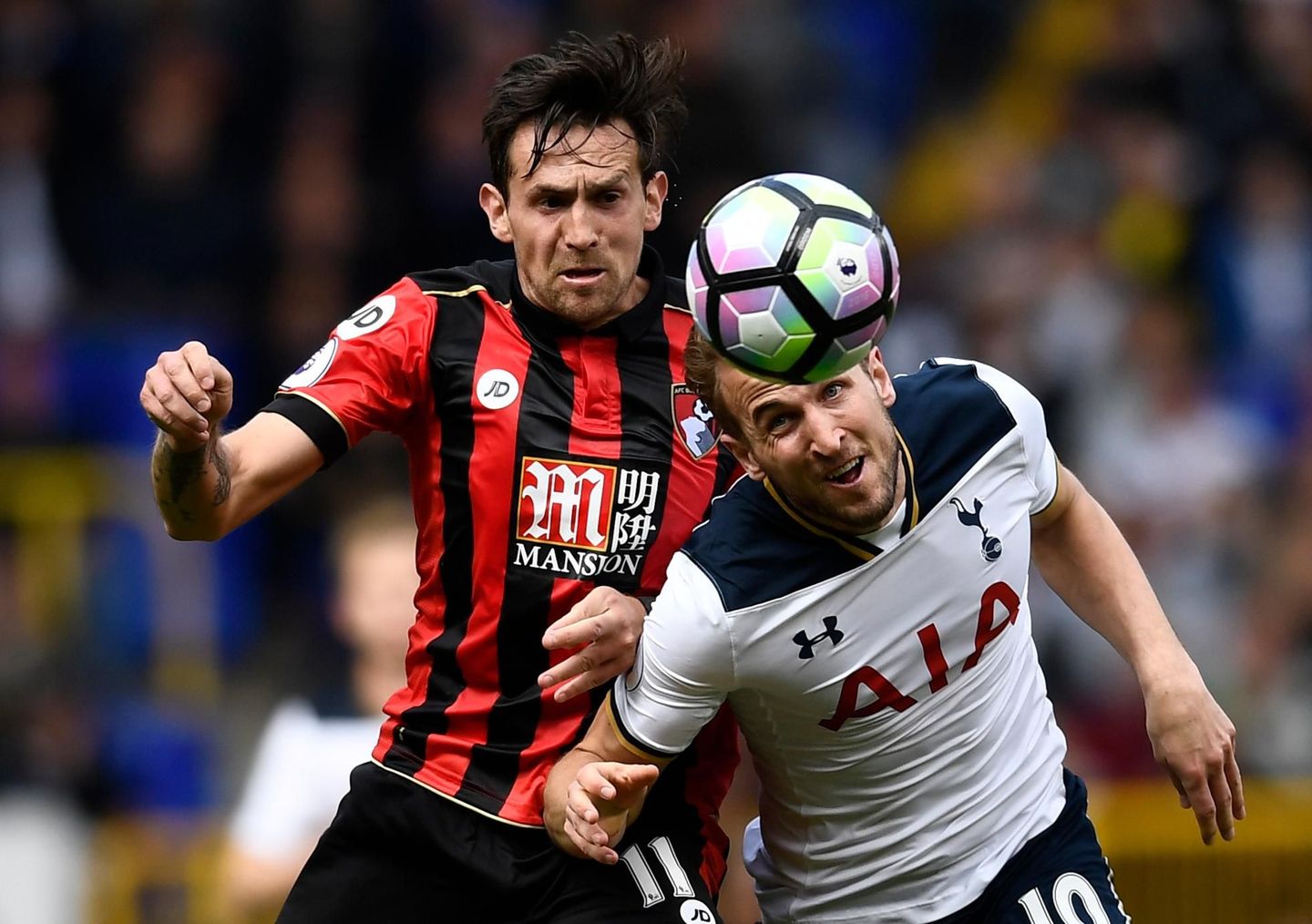 Tottenham's Harry Kane in action with AFC Bournemouth's Charlie Daniels