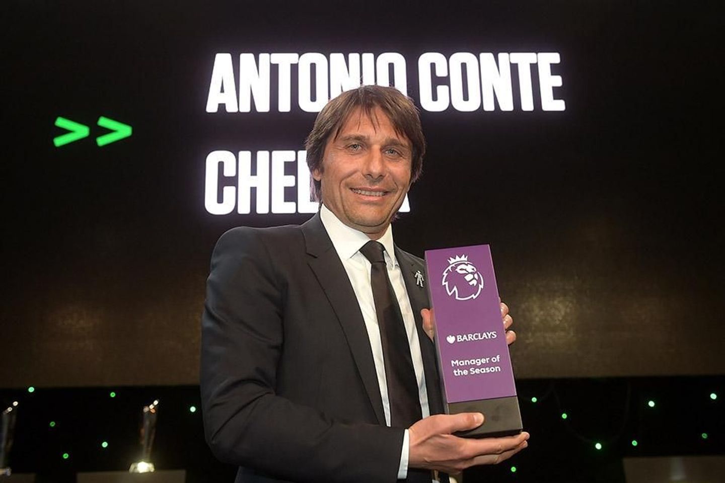 Antonio Conte with the Barclays Manager of the Season award
