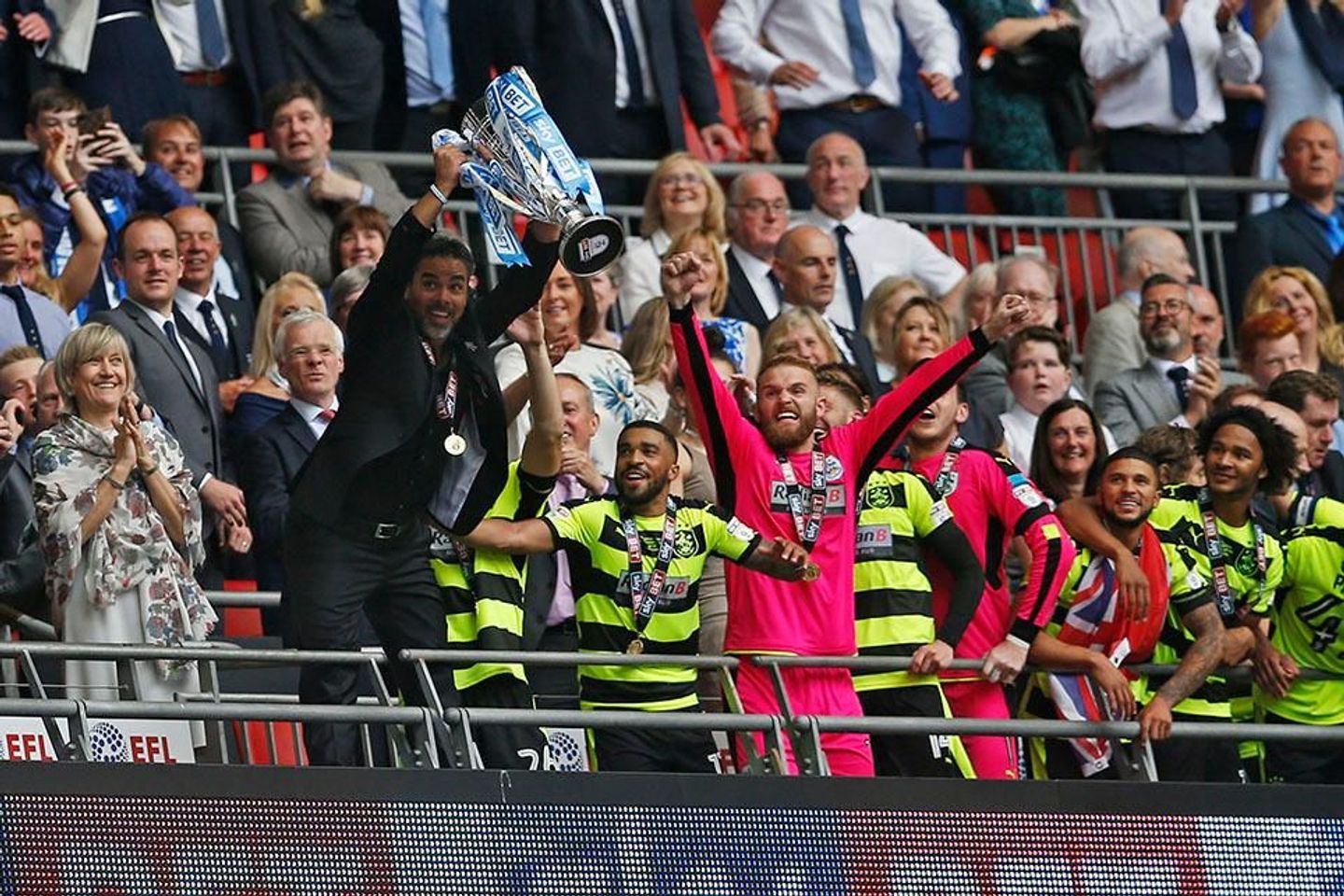 David Wagner lifts Championship Play-off final trophy