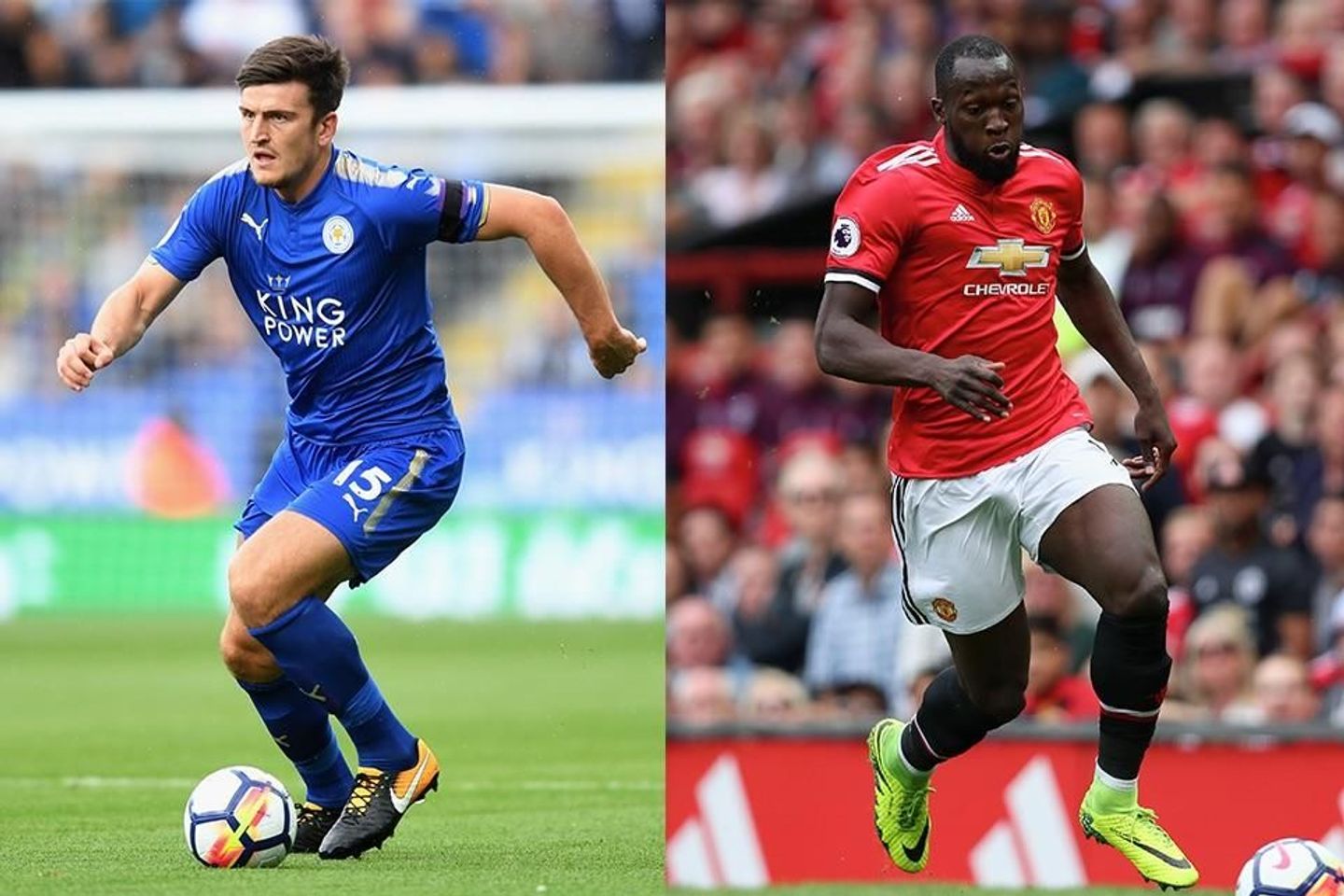 Harry Maguire of Leicester City and Romelu Lukaku of Man Utd