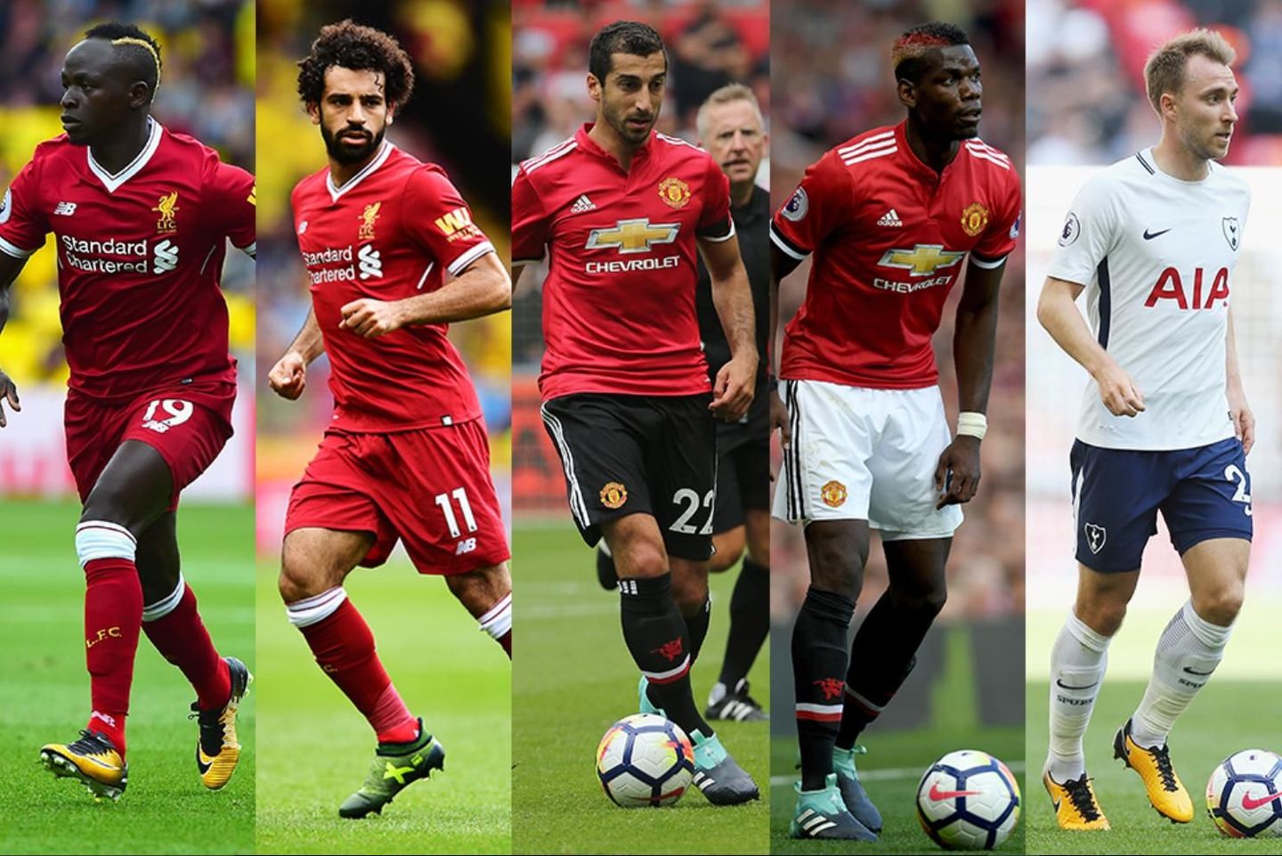 Composite image of Sadio Mane, Mohamed Salah, Henrikh Mkhitaryan, Paul Pogba and Christian Eriksen