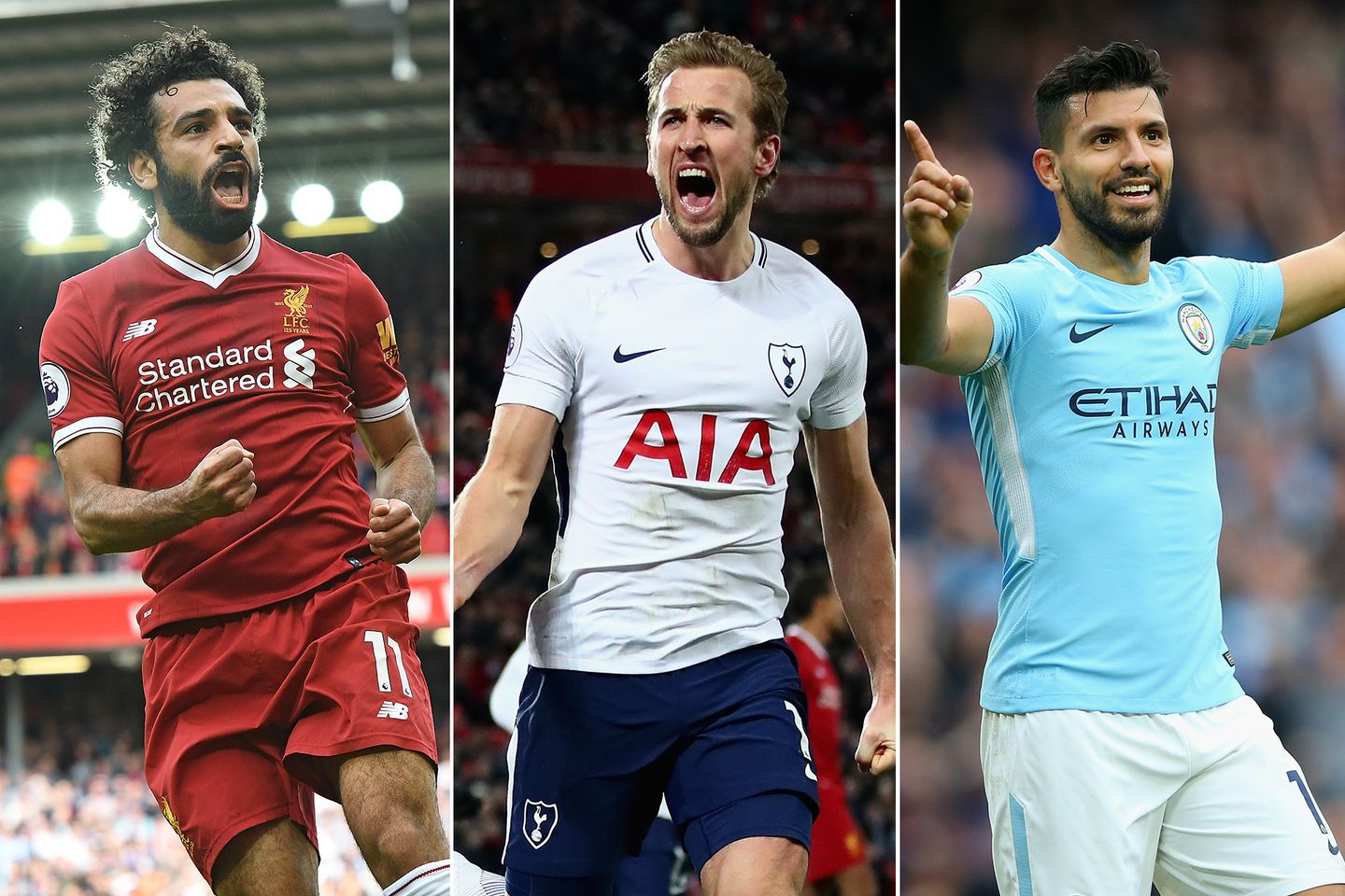 A composite photo of Salah, Kane and Aguero