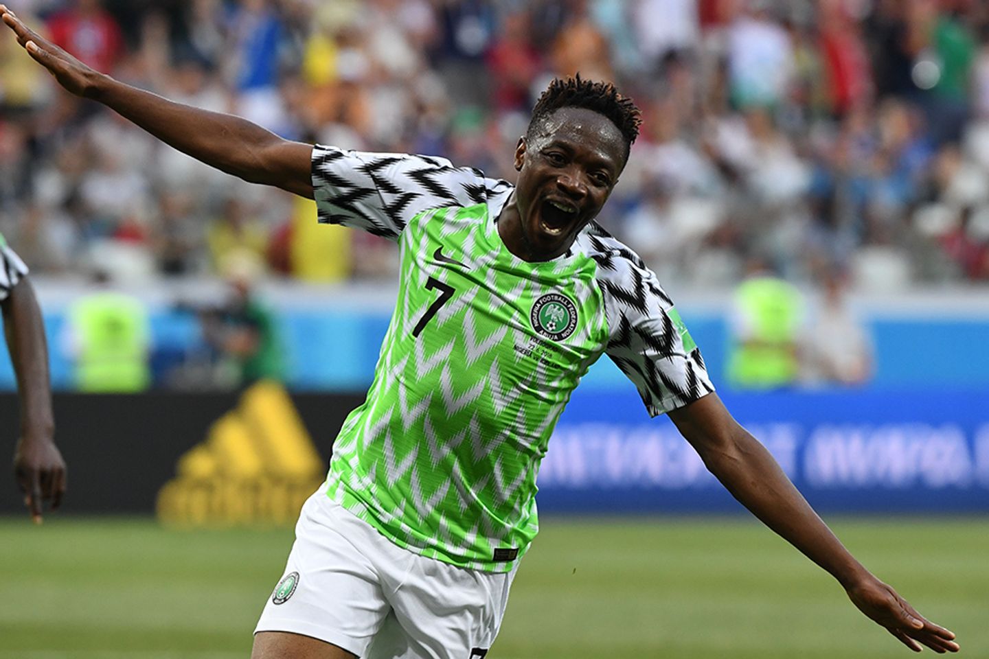 Leicester City's Ahmed Musa scores for Nigeria against Iceland