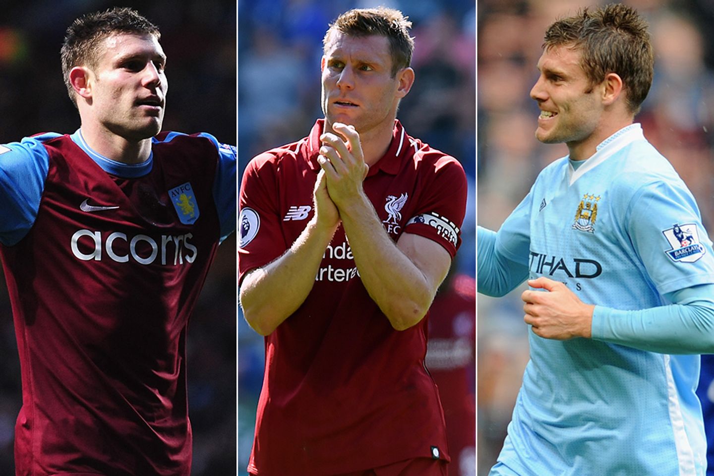 James Milner in action for Aston Villa (left), Liverpool (centre) and Man City (right)