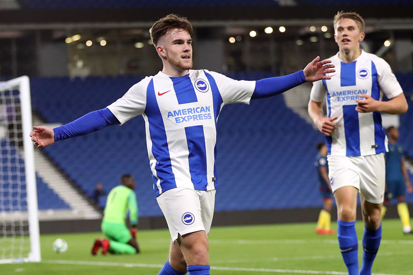 Aaron Connolly celebrates scoring for Brighton against West Ham, PL2