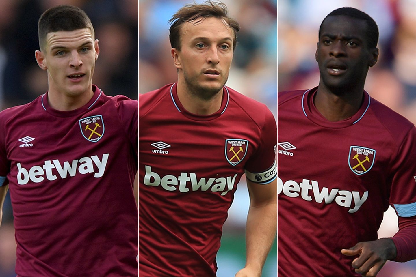 West Ham's Declan Rice, Mark Noble and Pedro Obiang