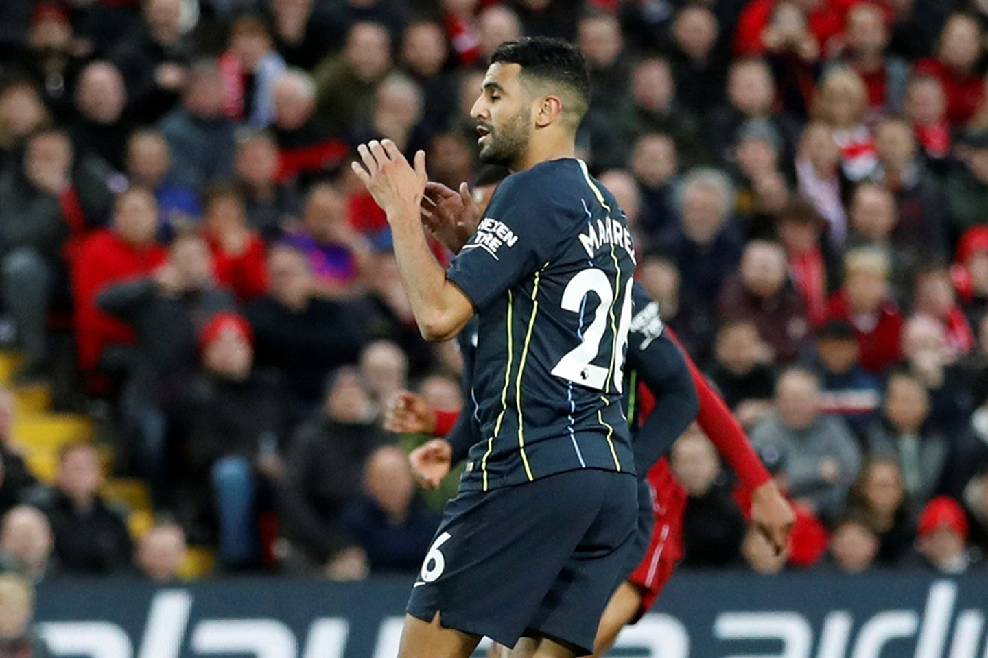 Riyad Mahrez reacts to missed penalty, Liverpool v Man City
