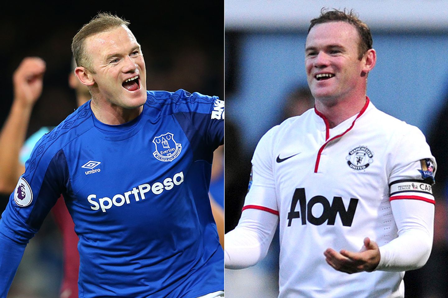 Images of Wayne Rooney celebrating goals for Everton and Man Utd