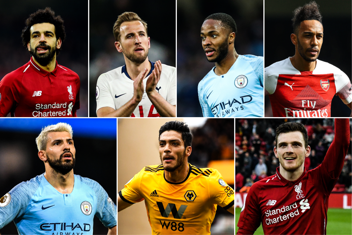 A graphic of Salah, Kane, Sterling, Aubamayeng, Aguero, Jimenez and Robertson