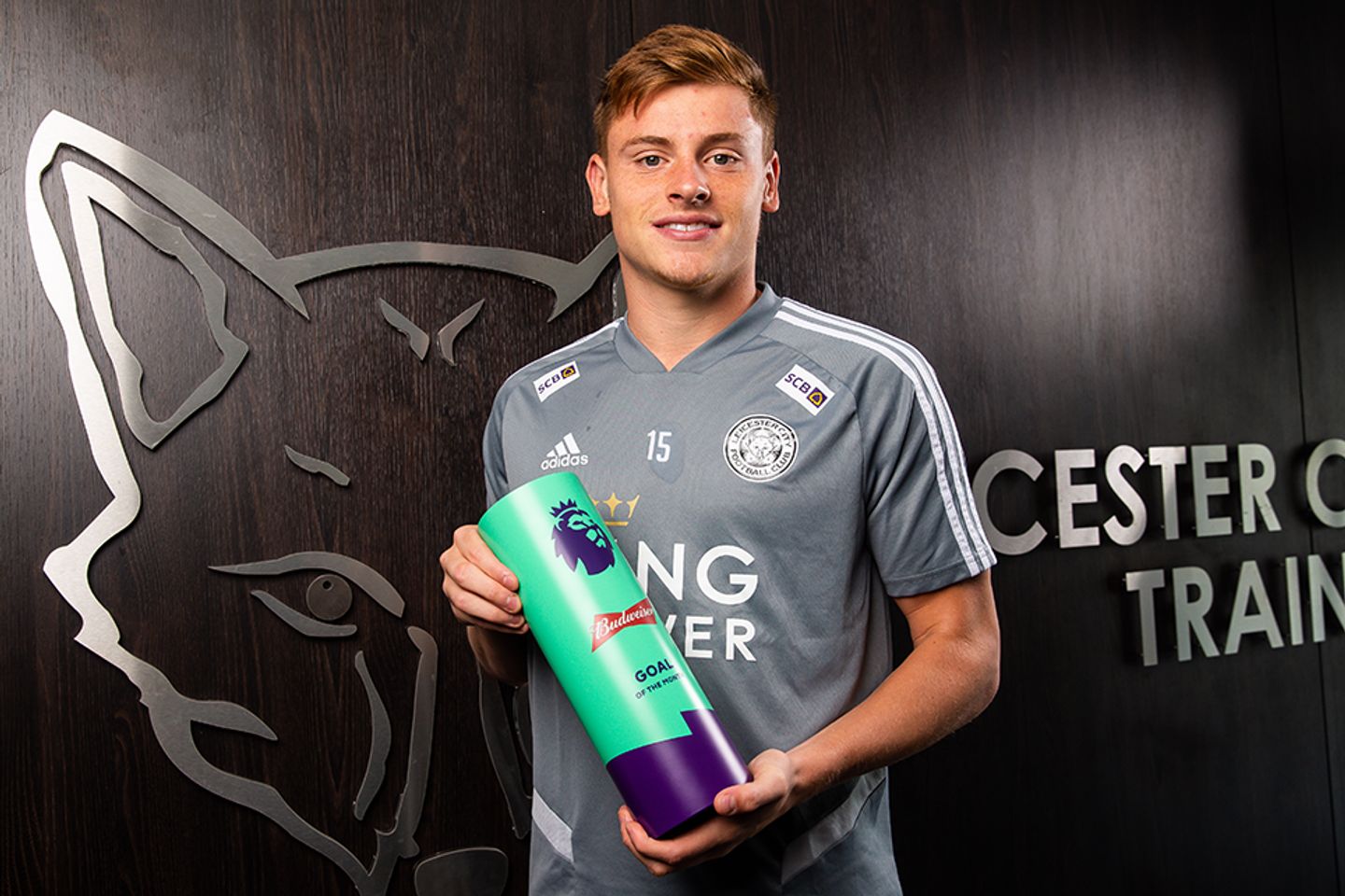 Harvey Barnes of Leicester Ciy with his Budweiser Goal of the Month award