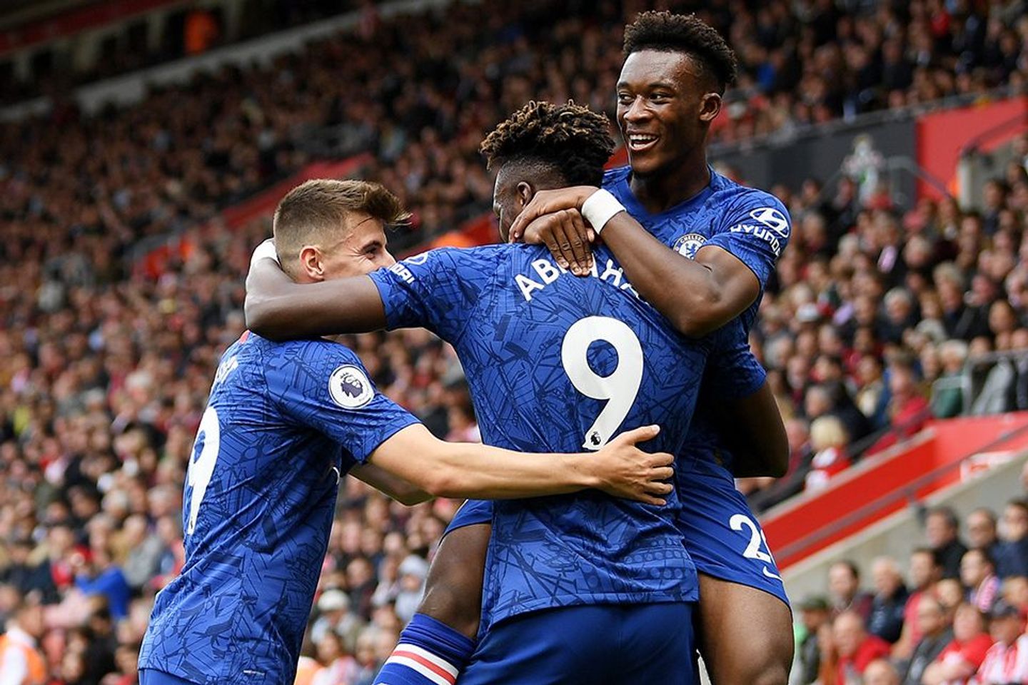 Mason Mount, Tammy Abraham and Callum Hudson-Odoim Chelsea