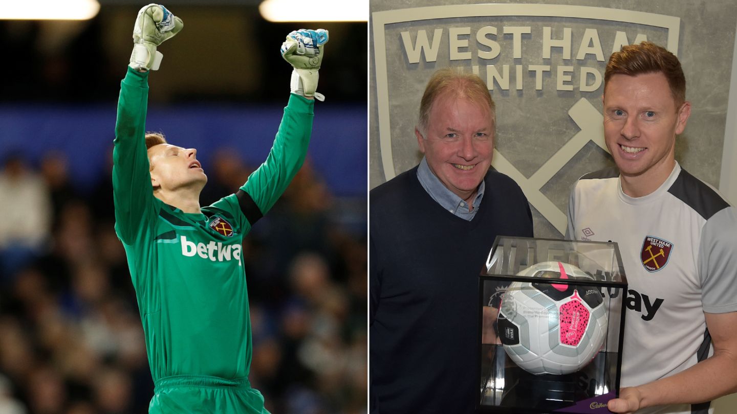 West Ham's David Martin with his Premier League Debut Ball and Martyn Heather, the PL's Head of Education & Welfare