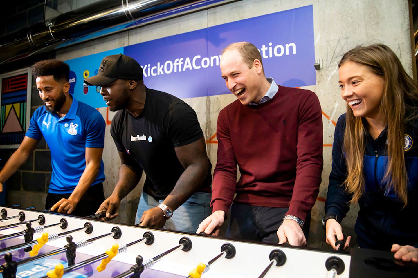 Heads Up HRH Duke of Cambridge playing foosball with Andros Townsend, Akinfenwa and Fran Kirby