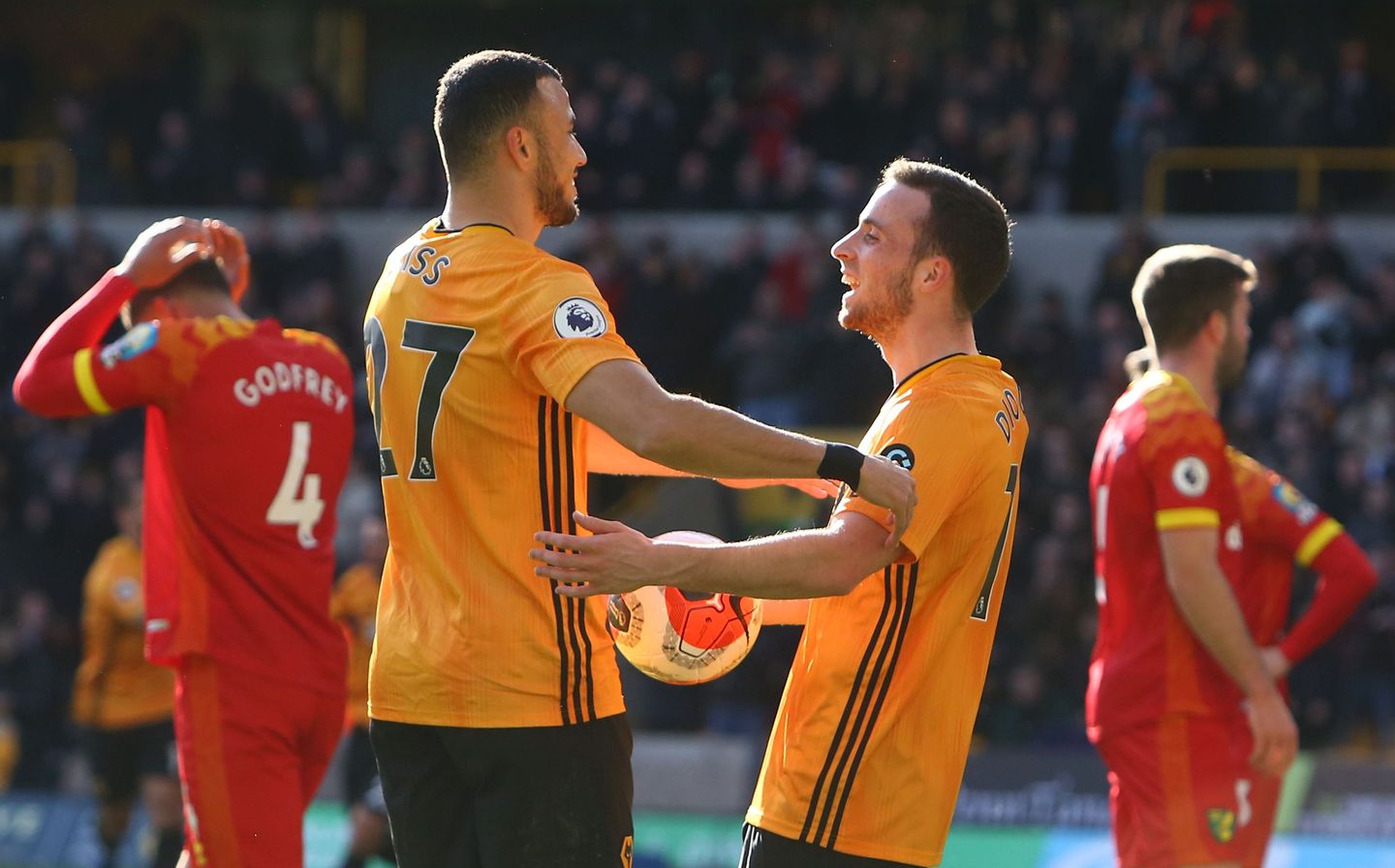 Wolves' Diogo Jota (right) celebrates scoring