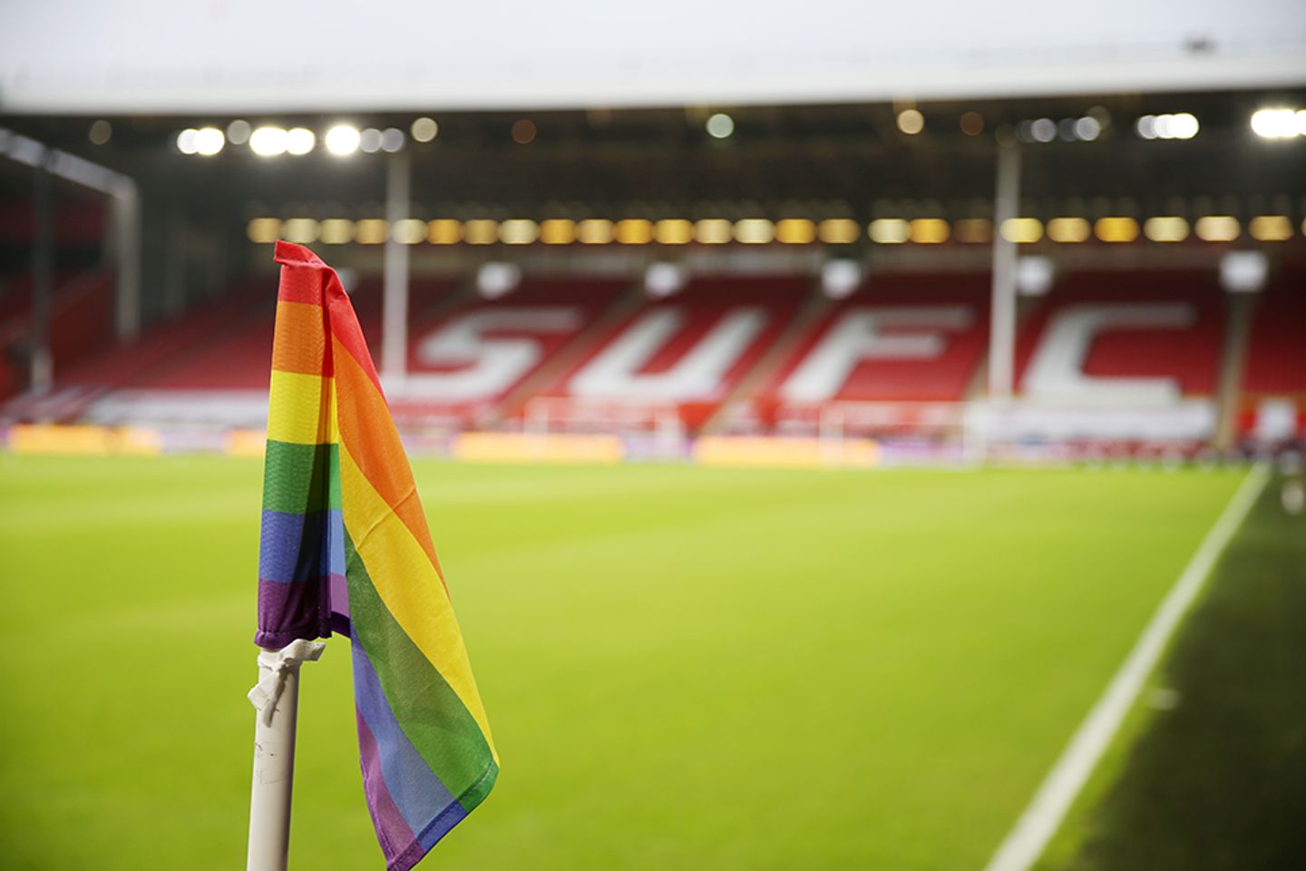 A corner flag for the Rainbow Laces campaign at Sheffield United