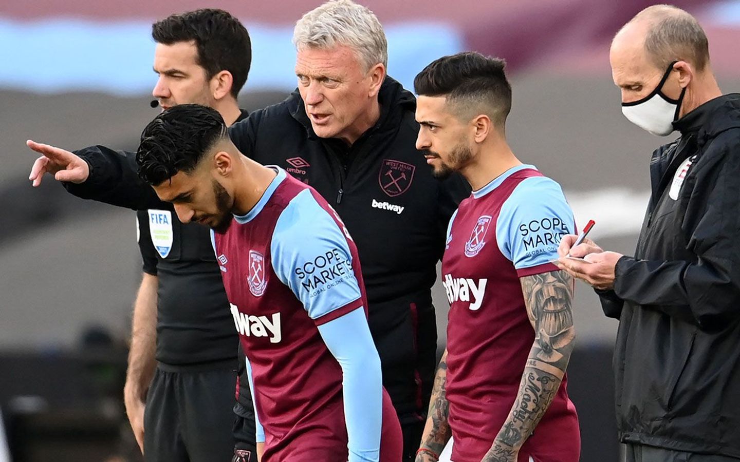 David Moyes, Said Benrahma and Manuel Lanzini, West Ham
