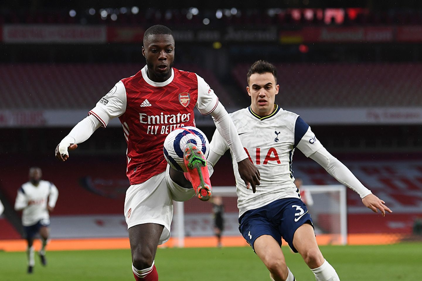 Arsenal's Nicolas Pepe and Spurs' Sergio Reguilon