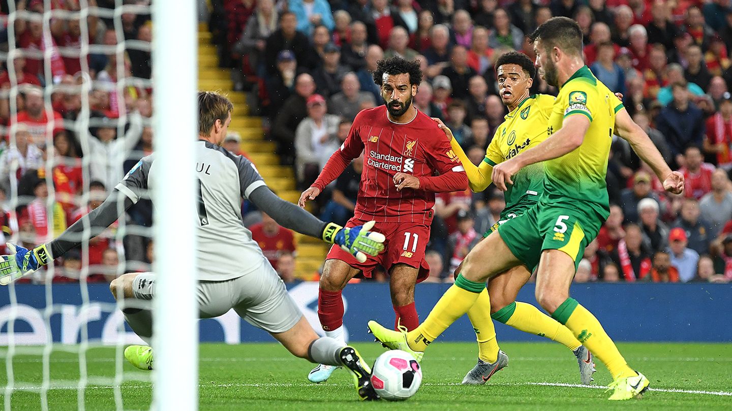 Mohamed Salah scores against Norwich in 2019/20