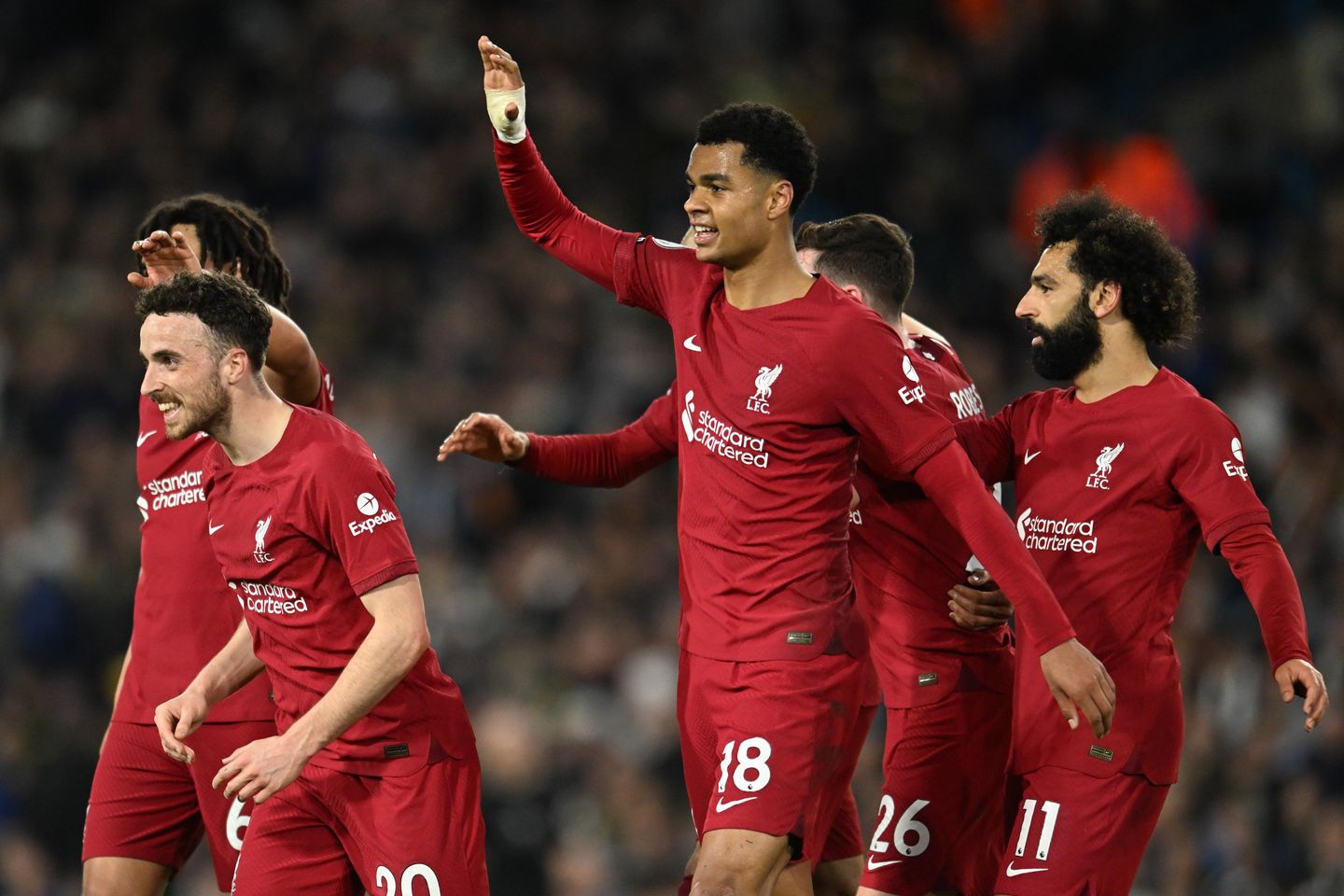 Liverpool celebrate a goal v Leeds