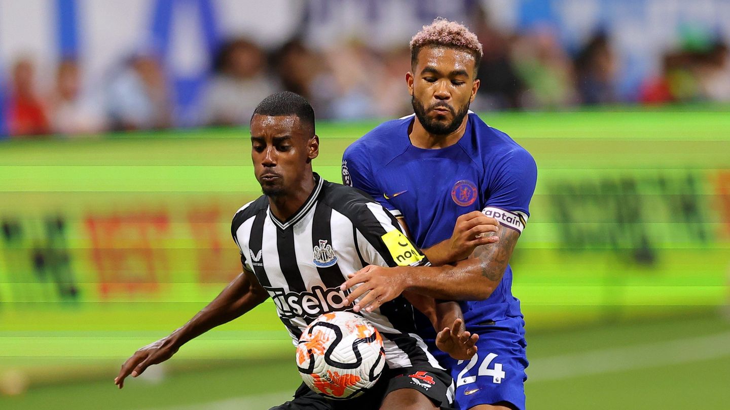 Alexander Isak battles with Reece James during Premier League Summer Series