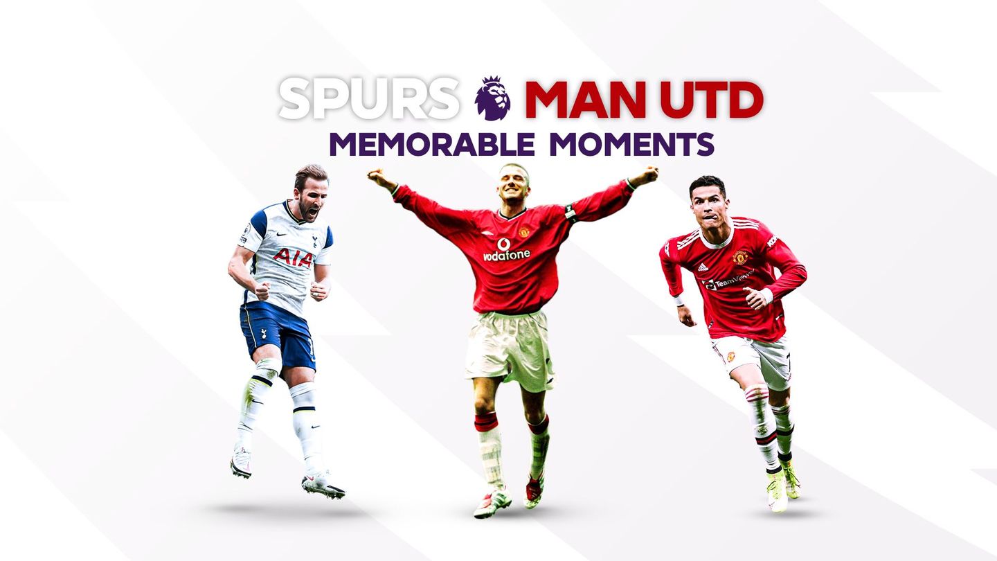 A memorable moments graphic of Spurs v Man Utd with Harry Kane (left), David Beckham (centre) and Cristiano Ronaldo (right)