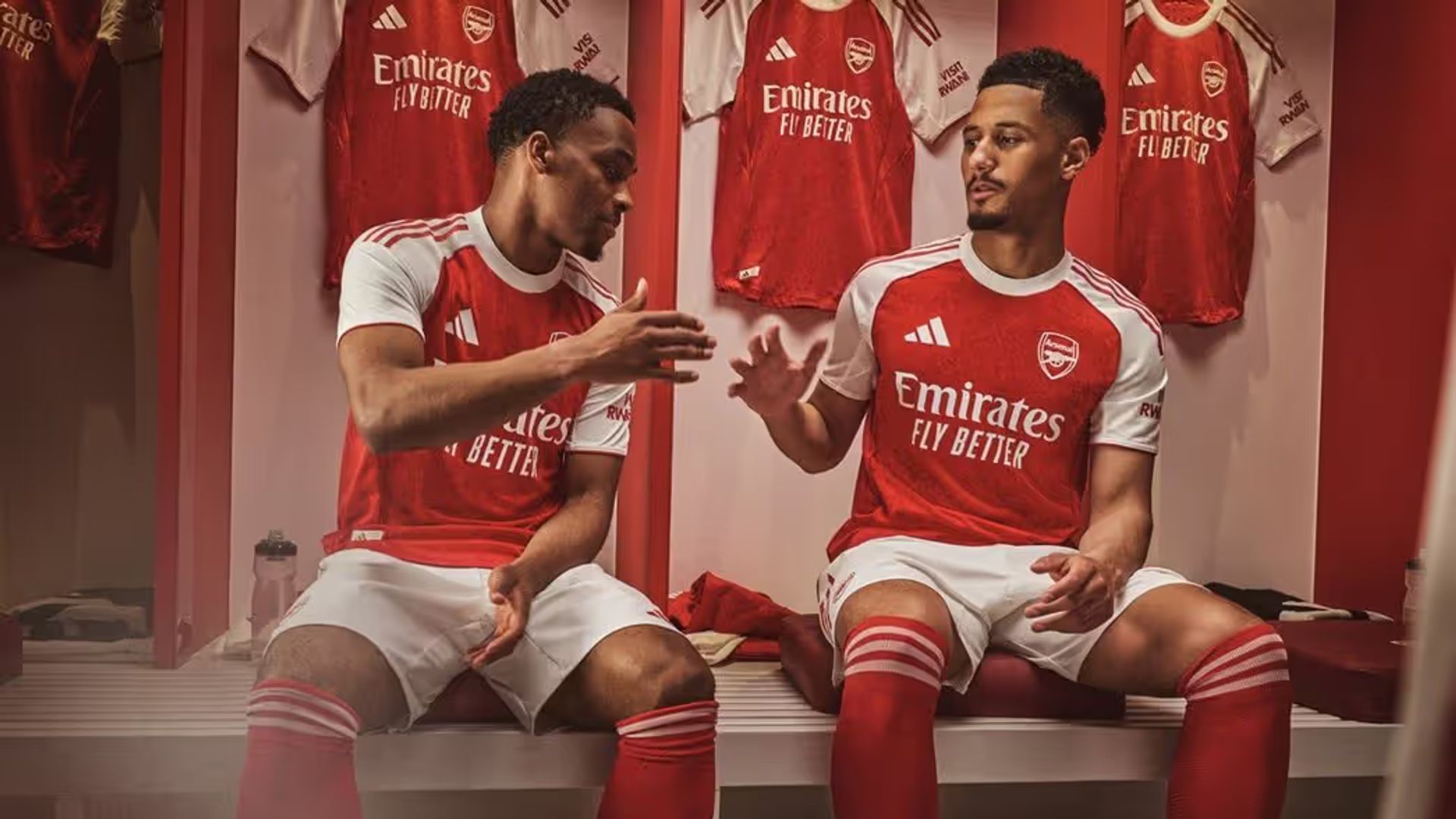 Jurrien Timber and William Saliba in Arsenal's home kit