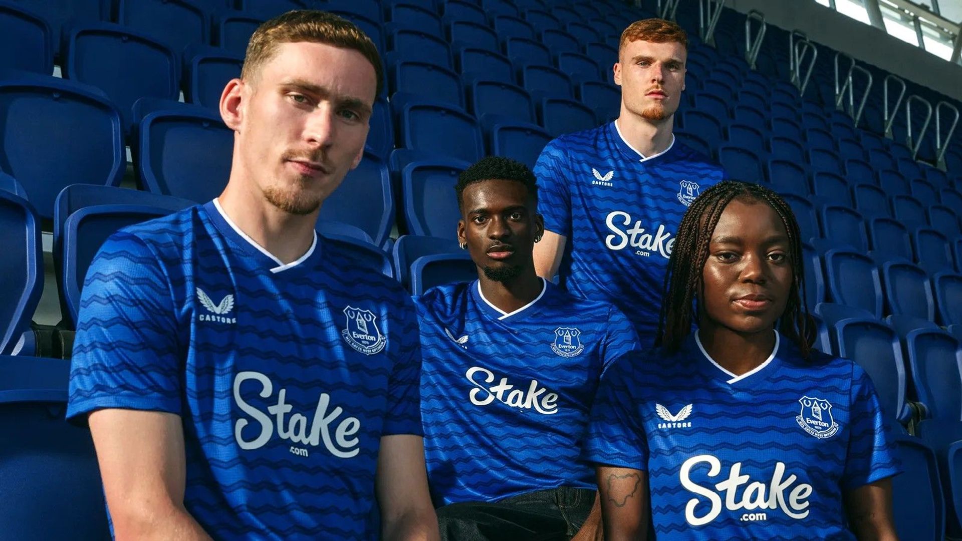 James Garner, Tim Iroegbunam, Jake O'Brien and Toni Payne in Everton's home kit