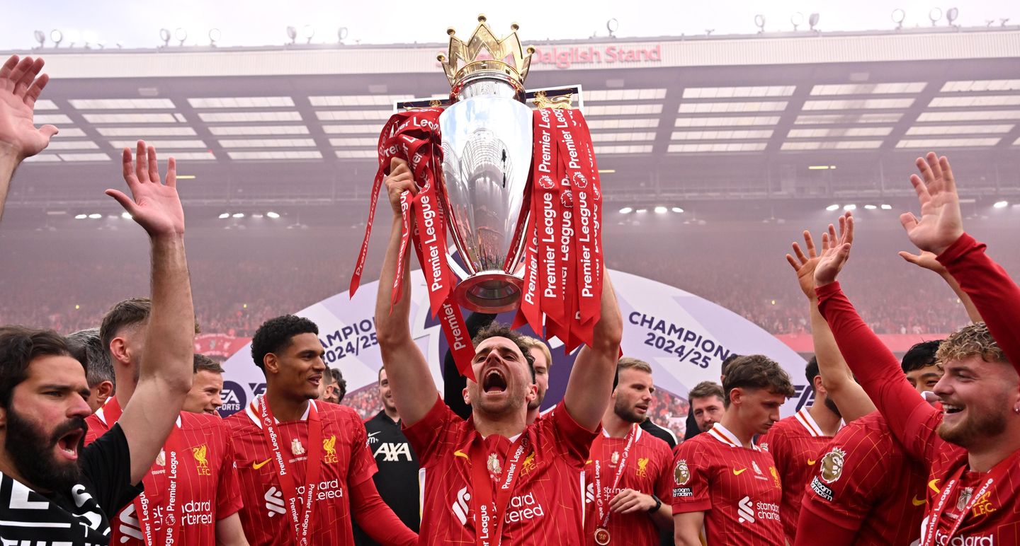 Diogo Jota lifts the Premier League Trophy