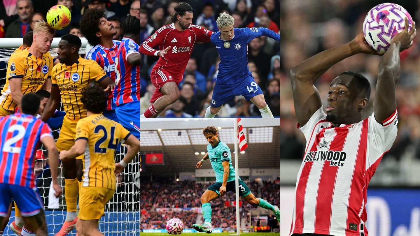 Four football scenes aerial duel ball challenge Bueno corner Kayode throw in.