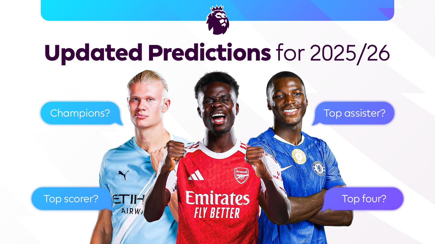 Graphic showing Haaland, Saka, and Caicedo, with the text ‘Updated Prediction’ displayed across the image