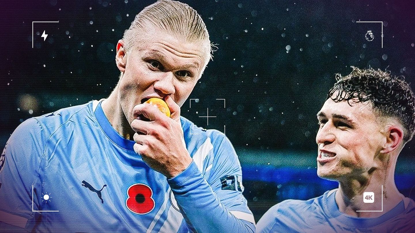 Image showing Haaland eating an apple next to Foden