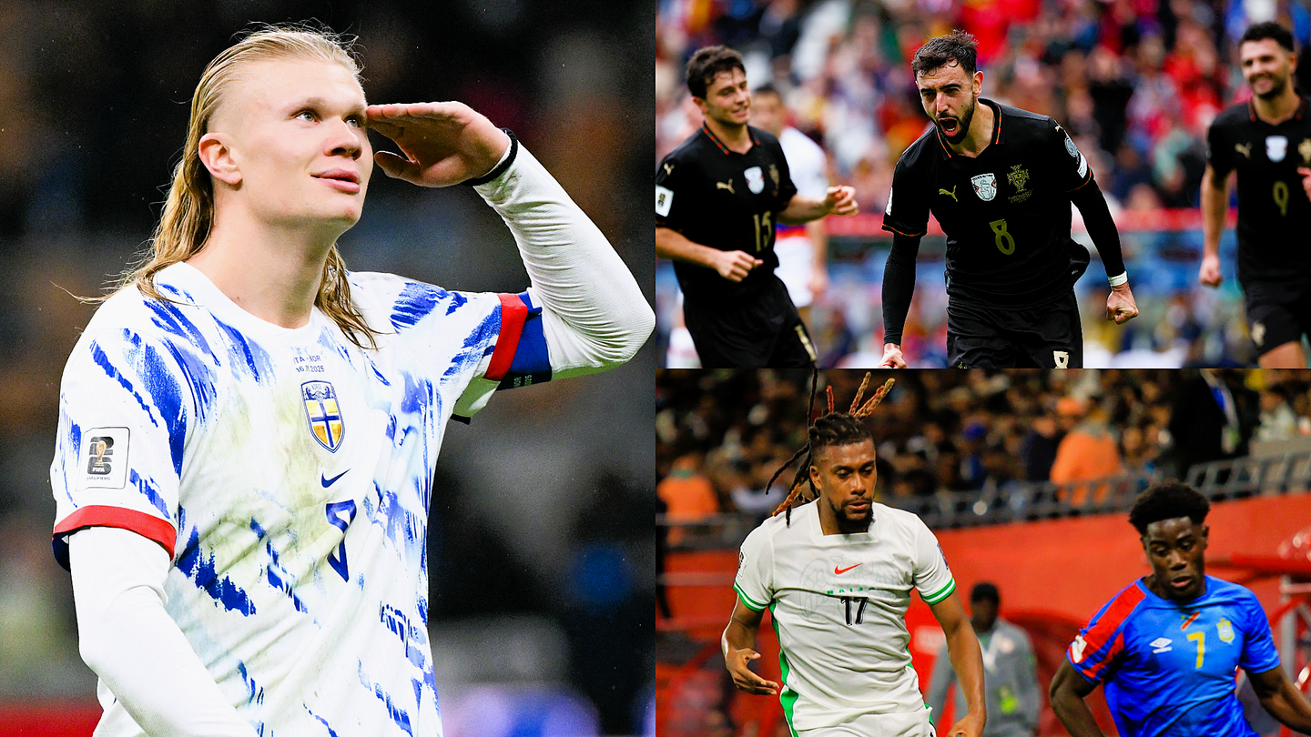 Erling Haaland celebrates scoring for Norway, Bruno Fernandes celebrates goal for Portugal and Iwobi Nigeria v Congo