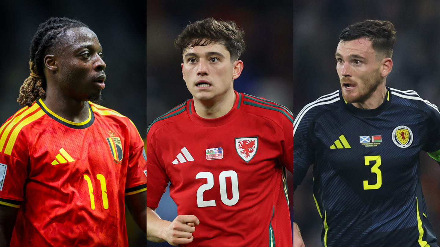 Jeremy Doku in Belgium shirt, Daniel James in Wales shirt and Andy Robertson in Scotland shirt