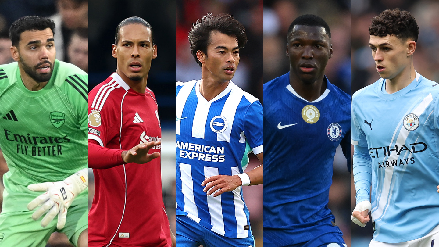 Montage of five photos showing David Raya, Virgil van Dijk, Kaoru Mitoma, Moises Caicedo and Phil Foden in Premier League match action