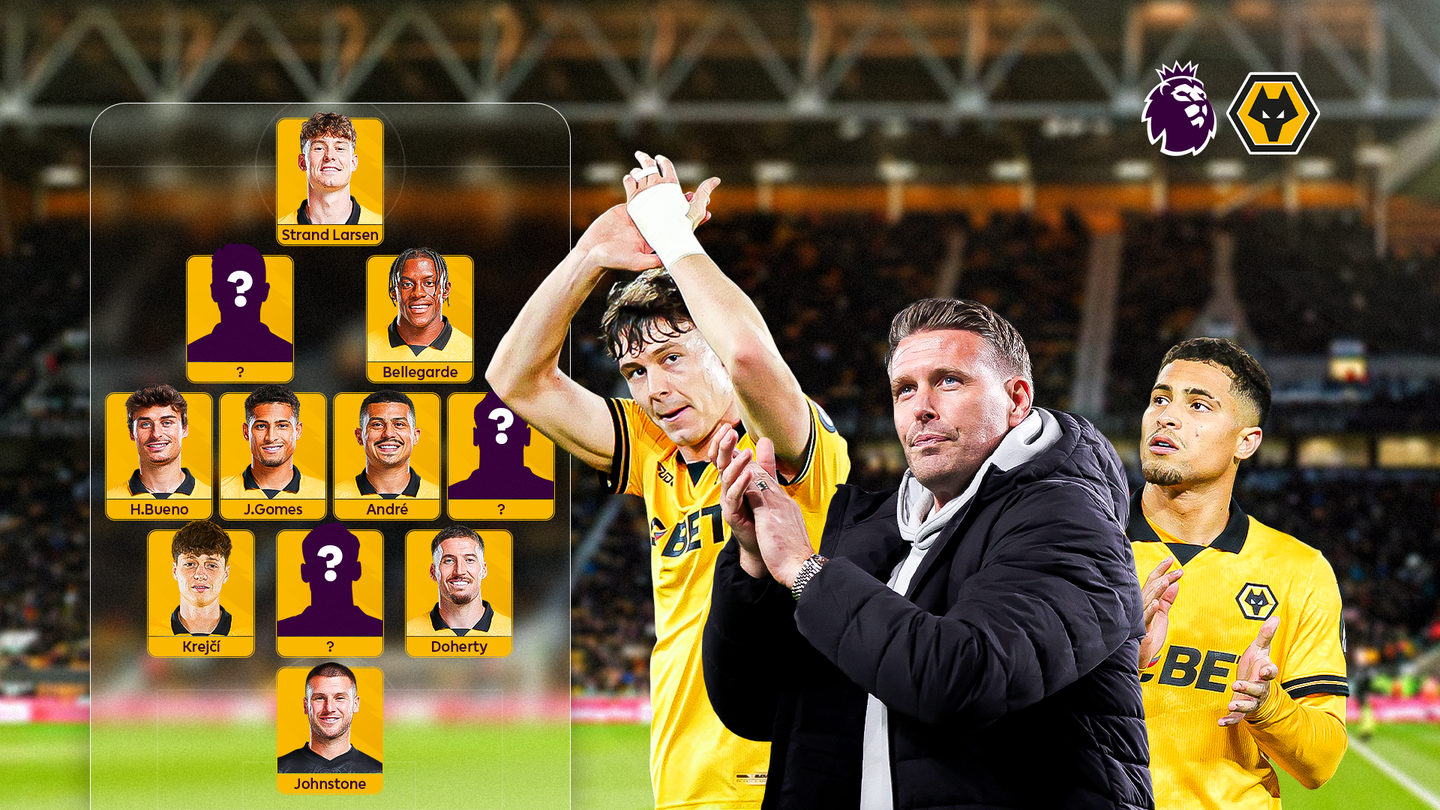 Designed image showing graphic of possible Wolves team line-up and photos of Jorgen Strand Larsen, Rob Edwards and Joao Gomes
