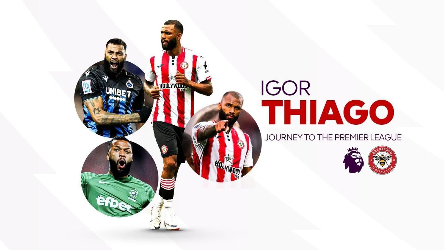 Designed image showing four different photos of Igor Thiago in action for Brentford and his previous clubs
