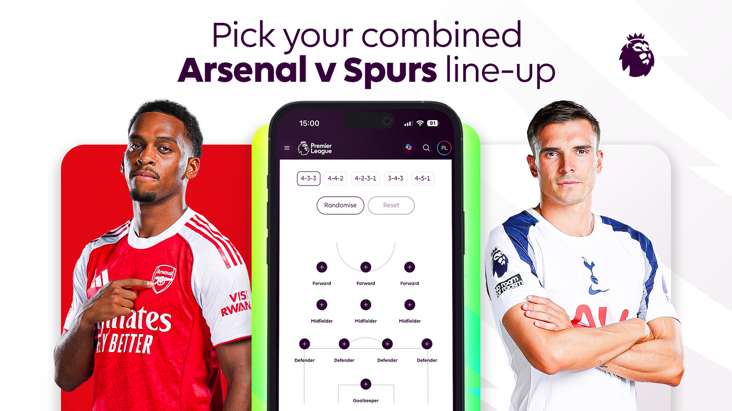 A graphic of Timber and Palhinha that also shows a mobile phone where fans can pick a line-up of combined Arsenal and Spurs players