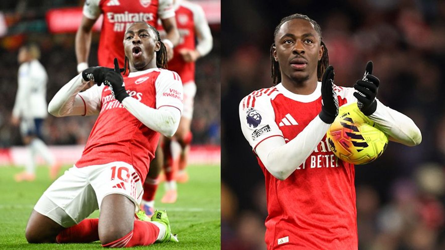 Composite showing two shots of Eze celebrating v Spurs