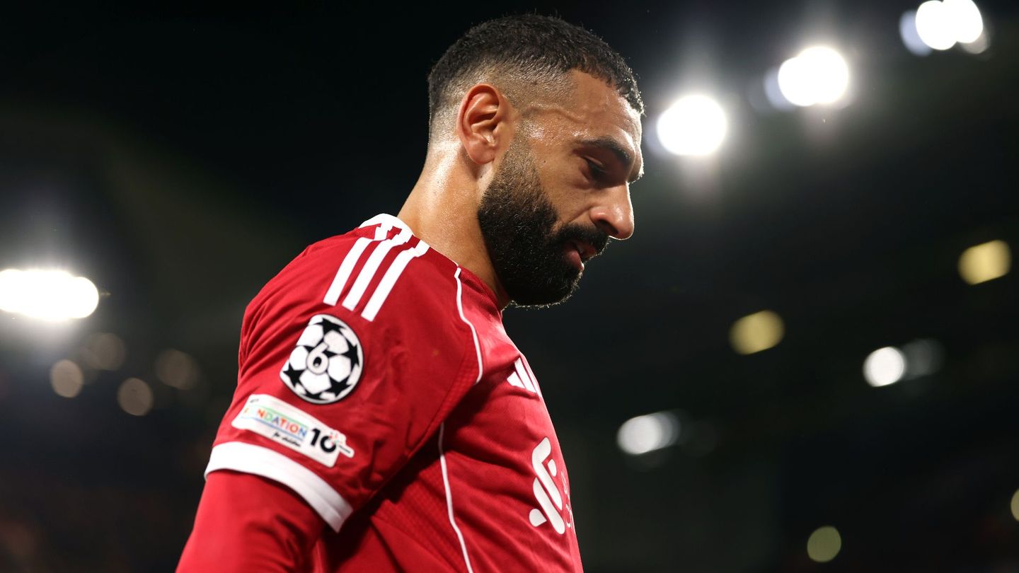 A close-up of Mohamed Salah under floodlights during a Champions League home match for Liverpool