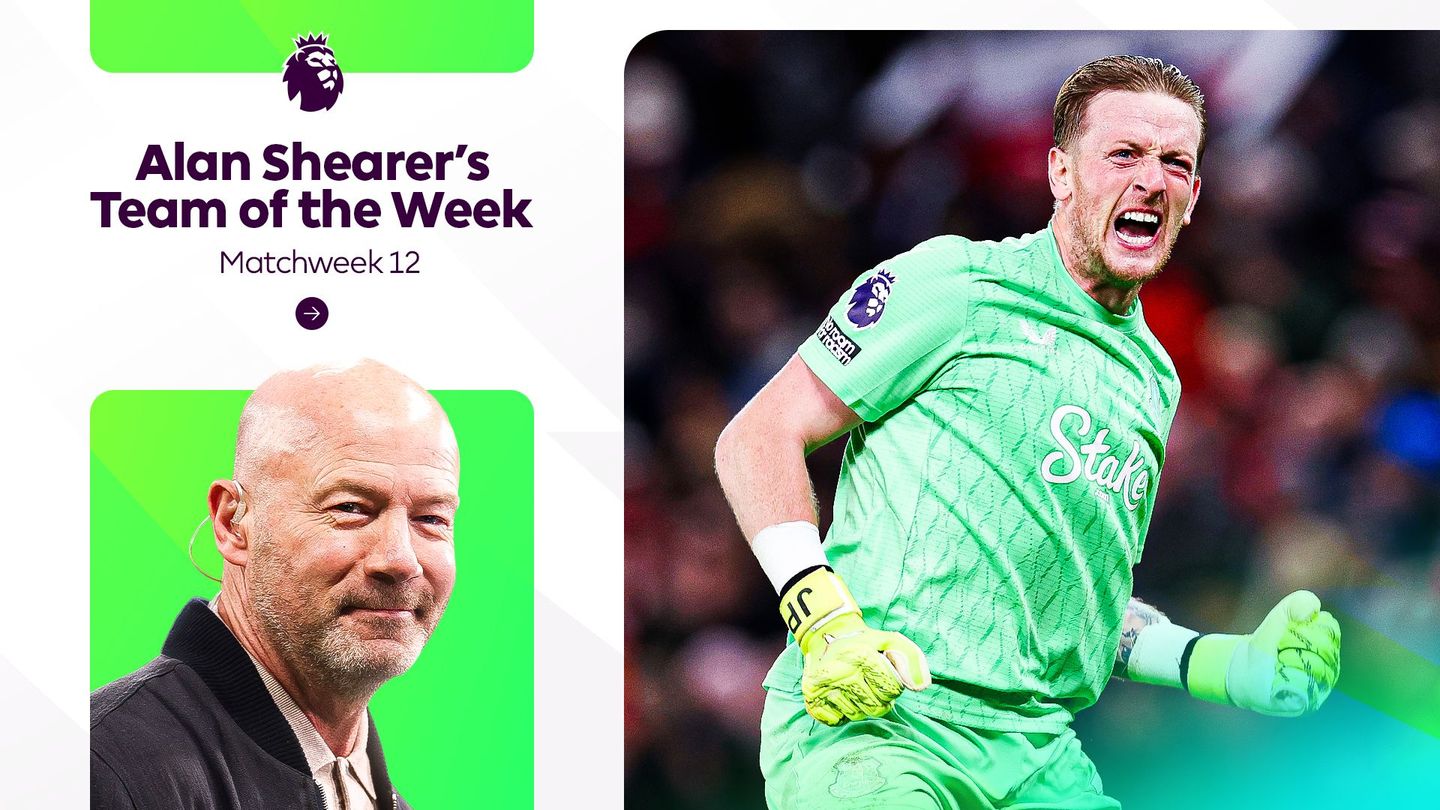 Alan Shearer is shown alongside a photo of Jordan Pickford celebrating