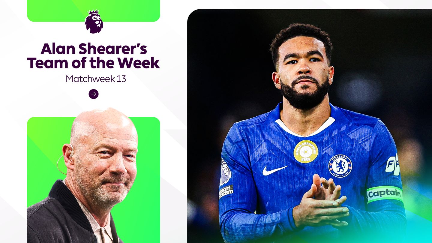 Graphic showing Alan Shearer, and Chelsea captain Reece James clapping