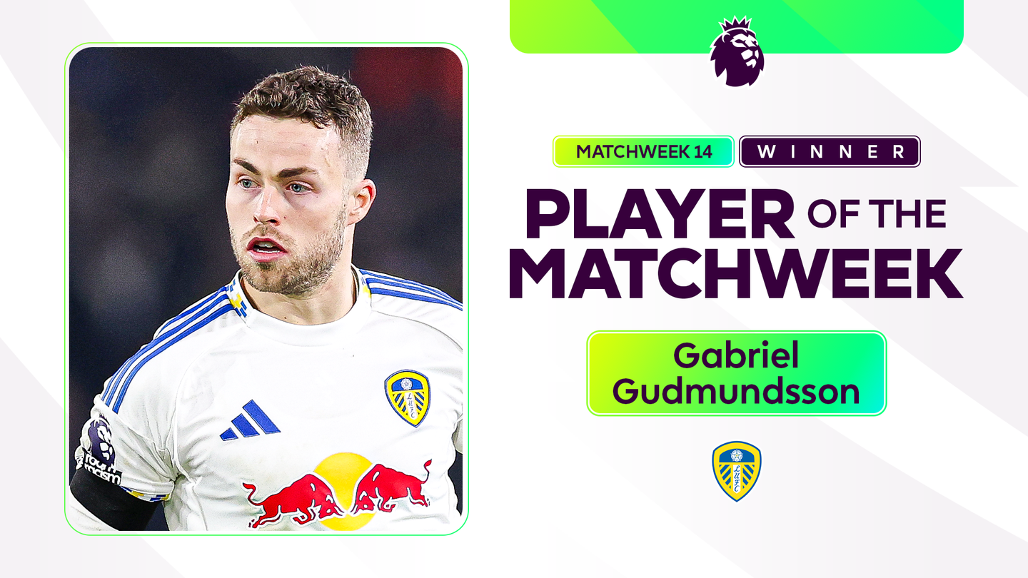 Graphic showing the Player of the Matchweek title and photo of Matchweek 14 winner Gabriel Gudmundsson of Leeds United