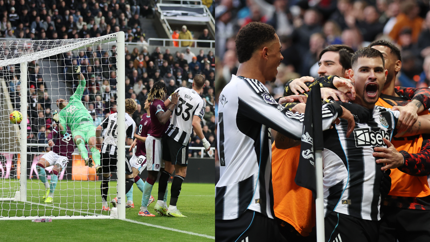 Montage of photos showing an Olimpico goal past Martin Dubravka and  Bruno Guimaraes celebrating after scoring it